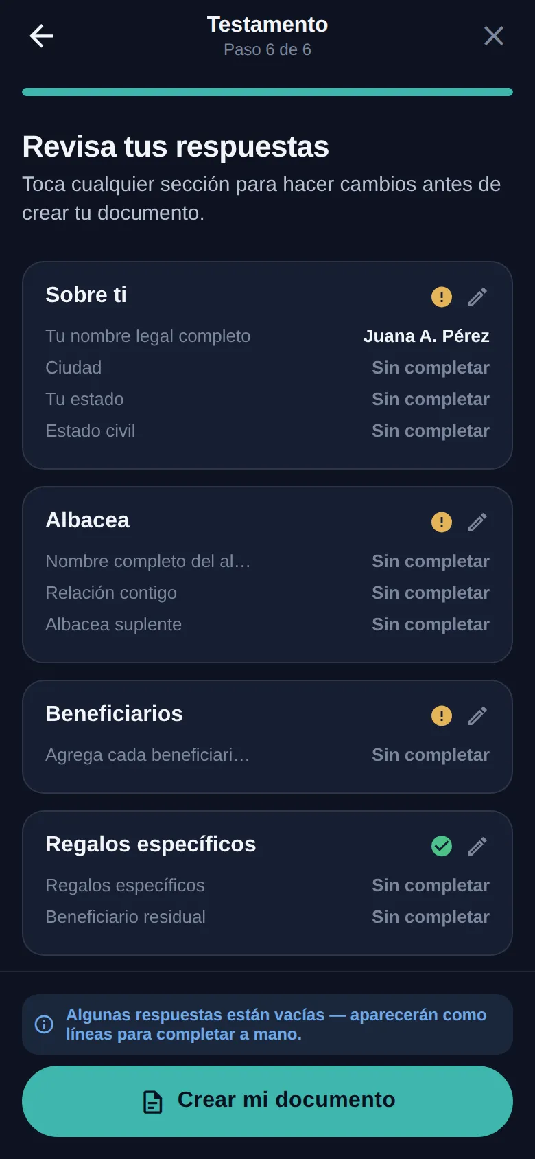 La pantalla de revisión que resume las respuestas antes de crear el documento